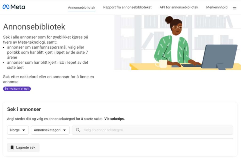 Meta annonsebibliotek søkeside med illustrasjon